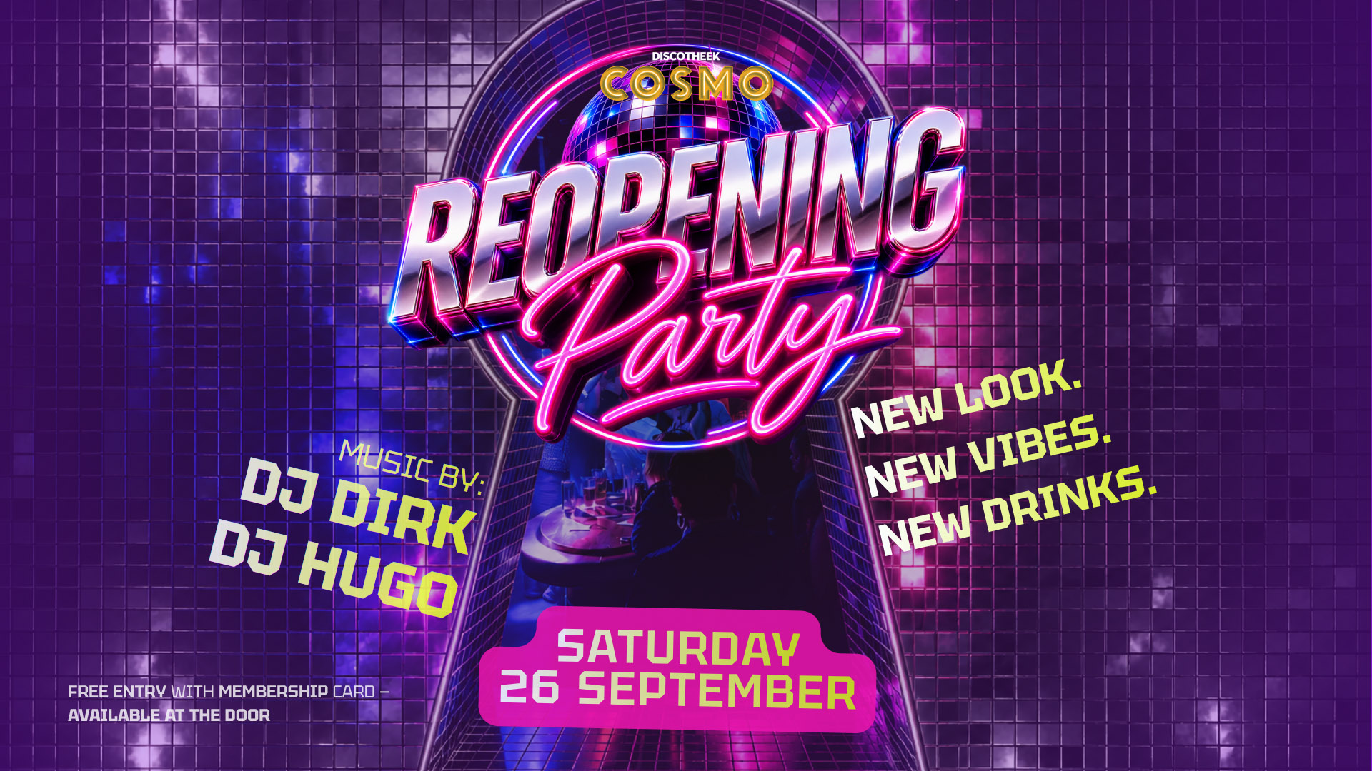 Promoflyer voor de grote heropening van Discotheek Cosmo in Tielt-Winge op zaterdag 26 september met resident DJ Hugo en DJ Dirk.