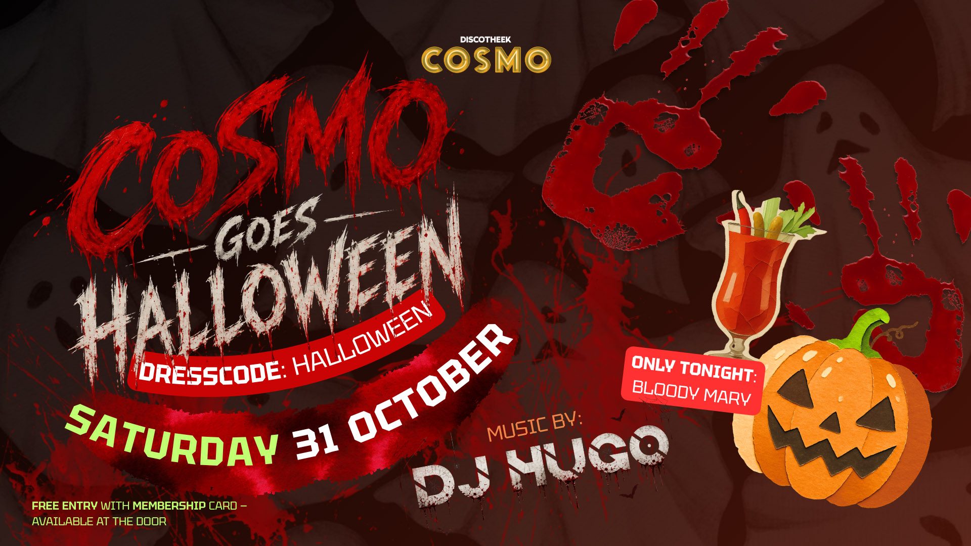 Promoflyer voor de Halloween Special in Discotheek Cosmo op zaterdag 31 oktober met resident DJ Hugo.